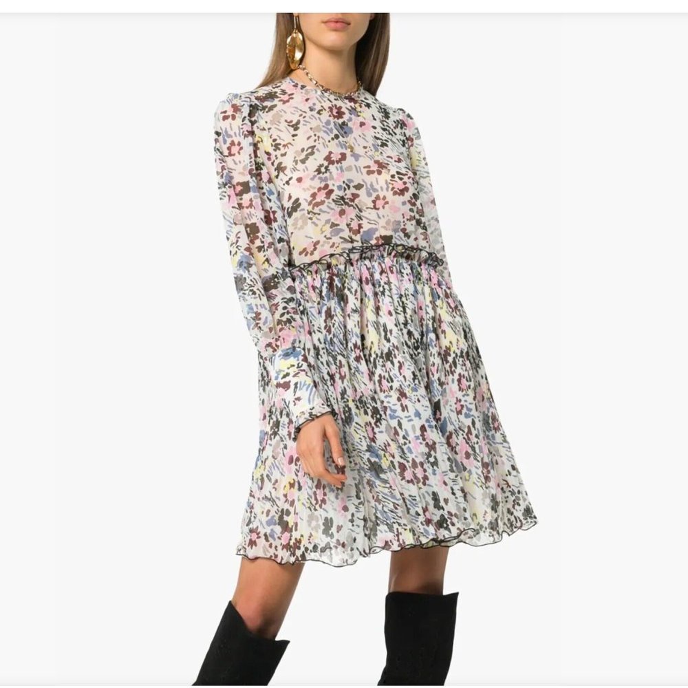 GANNI Pleated Georgette Mini Dress White Floral